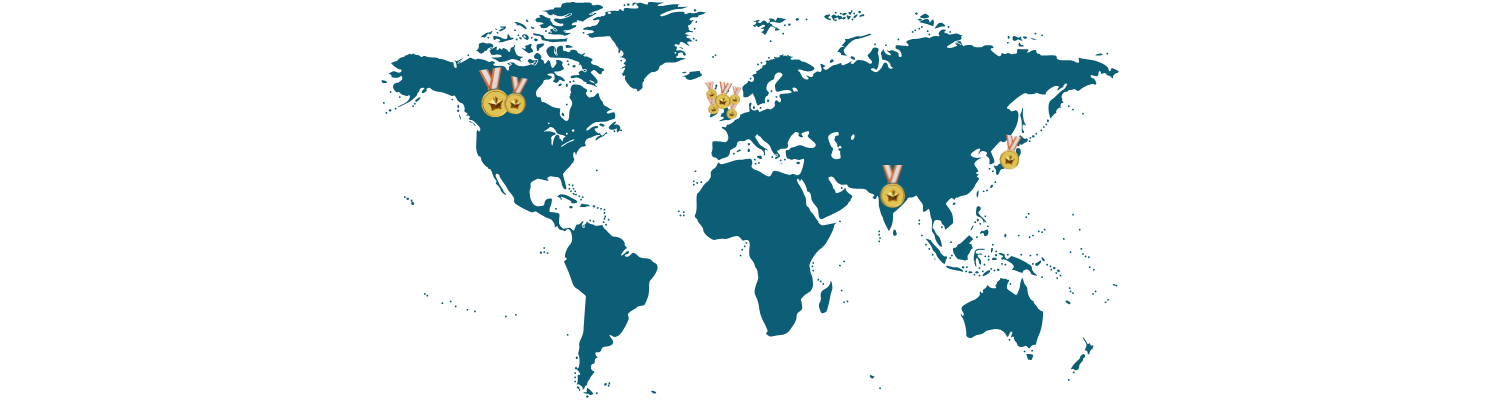 flat lay global map showing locations of prizes achieved
